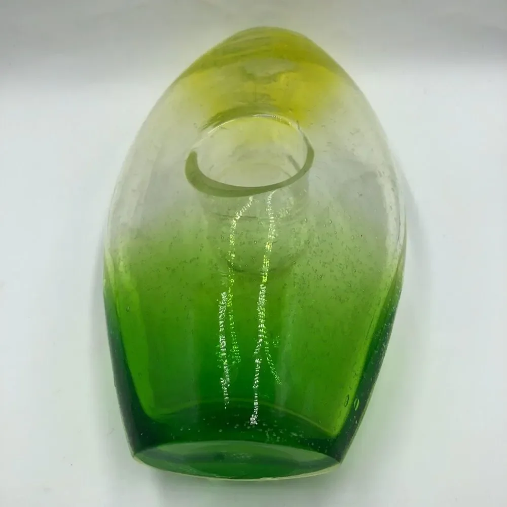 Vintage Ombre Yellow Green Clear Handblown Glass Tabletop Art Vase Décor Indoor